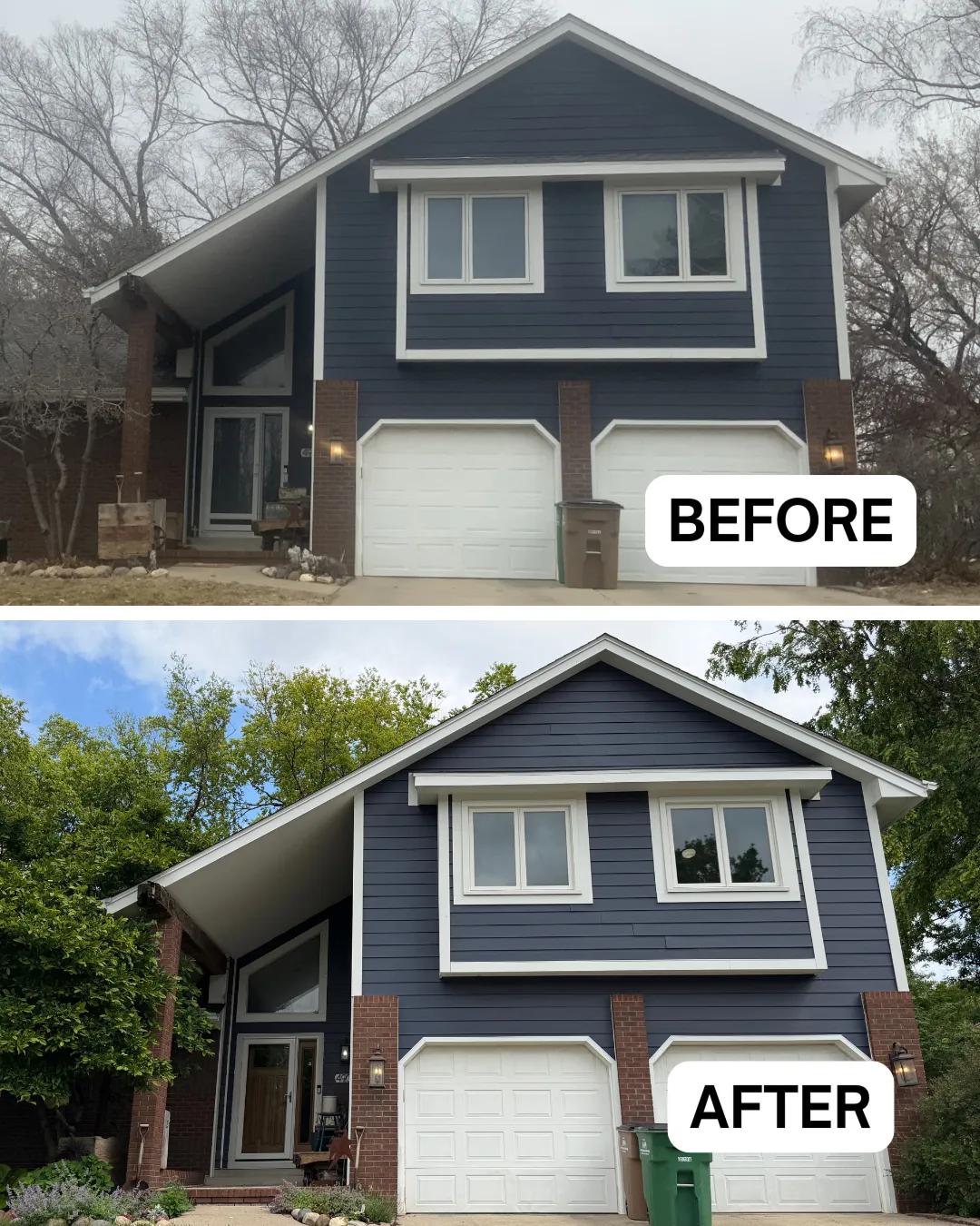 Before and after Renewal by Andersen upper-story window replacement on a navy blue home. White framed upper windows replaced with uniform white casement windows.