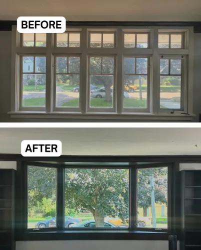 Before and after Renewal by Andersen window replacement in a nook. Wall of fixed windows replaced with a dark bronze bay window.