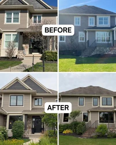Before and after Renewal by Andersen window replacement. Double-hung windows replaced with dark bronze casement windows featuring a Colonial grille.