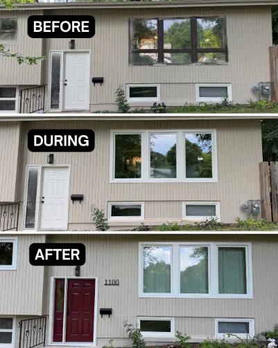 Before and after Renewal by Andersen window and door replacement. Updated with white casement and awning windows and a cranberry entry door with a sidelight.