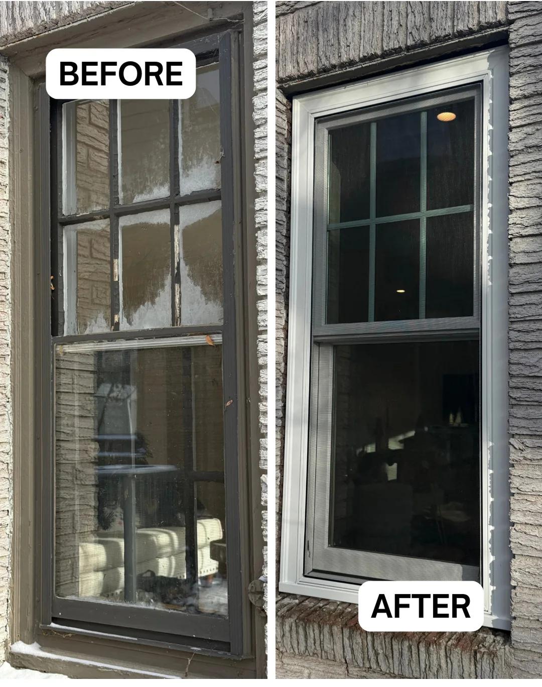 Before and after Renewal by Andersen double-hung window replacement. Deteriorating dark framed window replaced with a clean gray framed double-hung window.