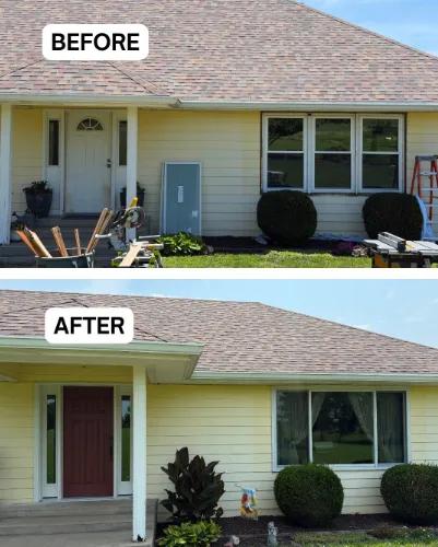 Before and after Renewal by Andersen window and door replacement on a farmhouse. Double-hung window and half-circle transom door replaced with a gliding triple window and a redrock entry door with sidelights.