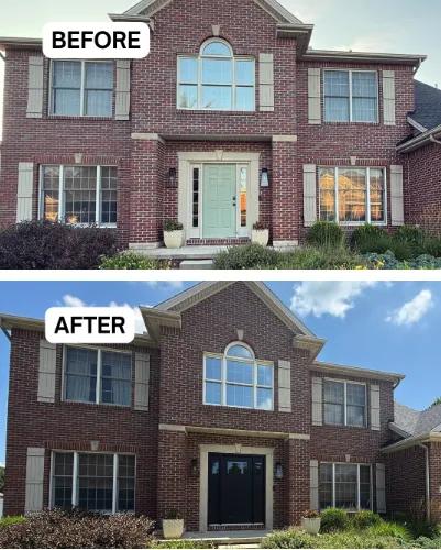 Before and after Renewal by Andersen entry door replacement. Traditional 6-panel door replaced with an all-black Craftsman entry door with sidelights.