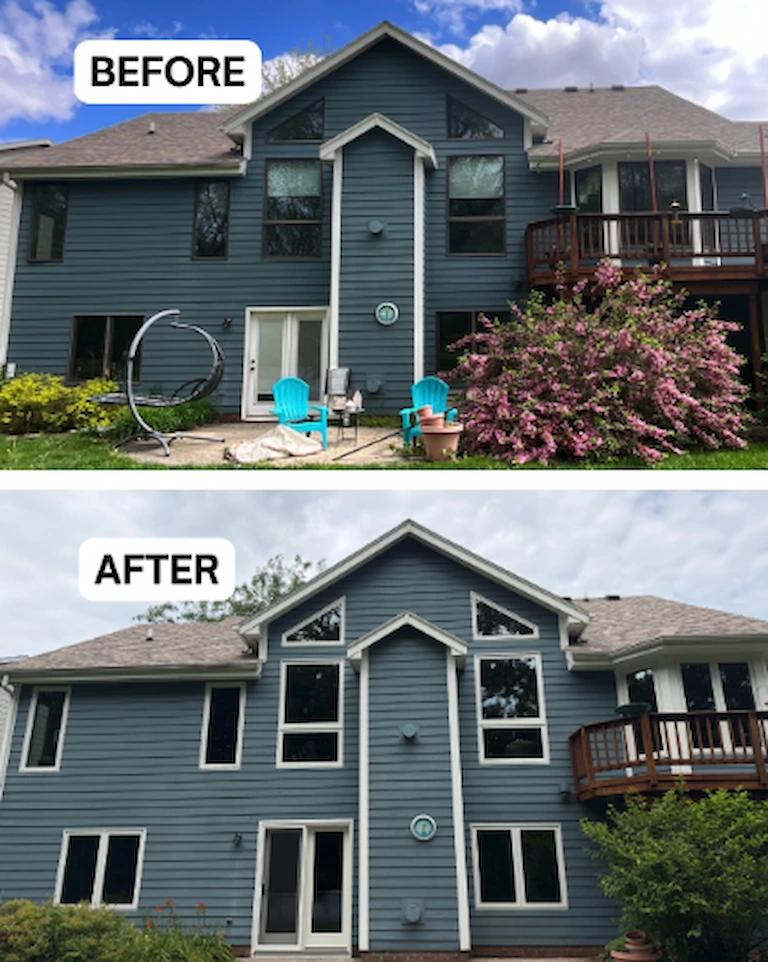 Before and after Renewal by Andersen window and patio door replacement. Brown windows and dated patio door replaced with white-framed windows and an updated patio door.