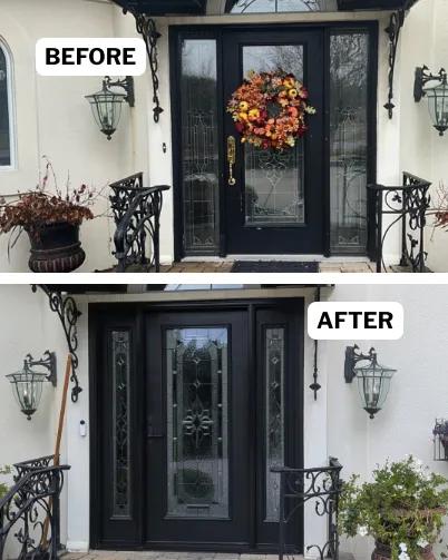 Before and after Renewal by Andersen entry door replacement on a wrought-iron entrance. Refreshed with a full-light black entry door with sidelights.