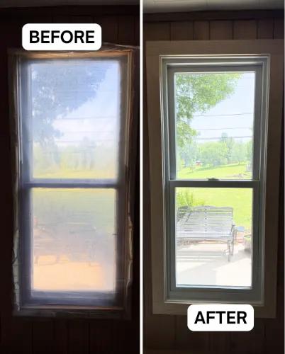Before and after Renewal by Andersen window replacement. Damaged window replaced with a white double-hung window with clear glass.