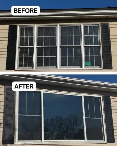 Before and after Renewal by Andersen window replacement. Four double-hung windows replaced with one white gliding triple window featuring farmhouse-style grilles.