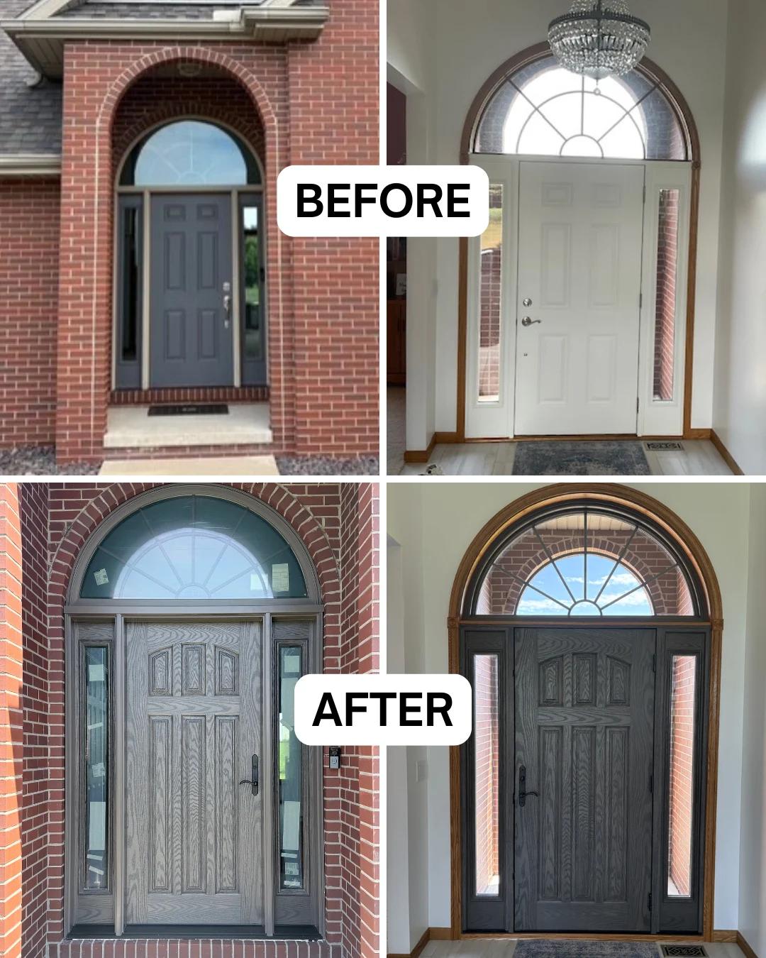 Before and after Renewal by Andersen entry door replacement. White door replaced with a dark gray wood-grain door with sidelights in a brick arched entryway.