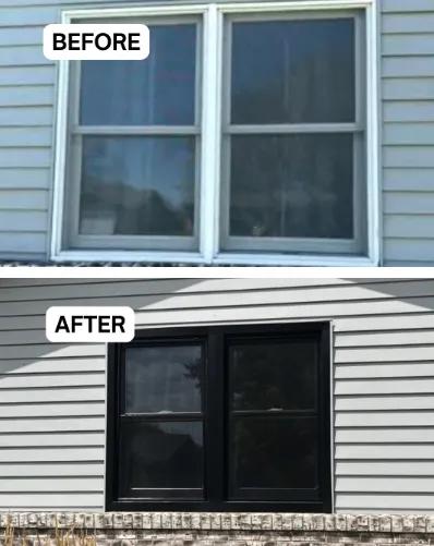 Before and after Renewal by Andersen window replacement against light siding. White double-hung window replaced with a modern black-framed window.