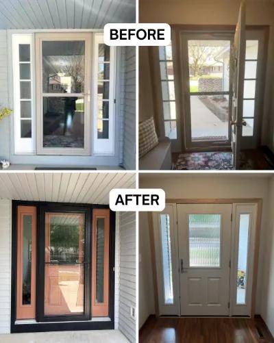 Before and after Renewal by Andersen entry door replacement on a covered entryway. Dated single entry system replaced with a terra cotta entry door with a black frame and storm door.