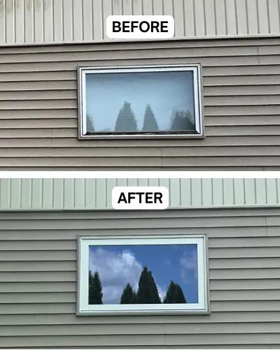 Before and after Renewal by Andersen window replacement. Clouded window replaced with a clear white-framed window.
