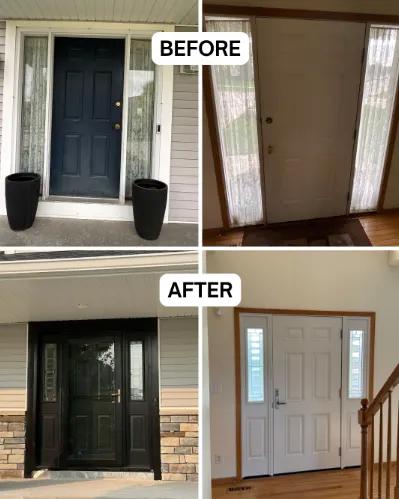 Before and after Renewal by Andersen entry door replacement. Plain black entry system replaced with a black 6-panel entry door with sidelights and a storm door.