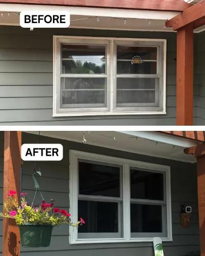 Before and after Renewal by Andersen window replacement on a covered porch. Grille-paned window replaced with a clean white double-hung window.