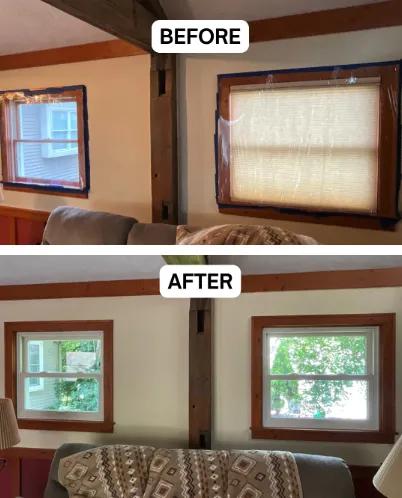 Before and after Renewal by Andersen window replacement in a living space. Pine-toned windows replaced with white double-hung windows.