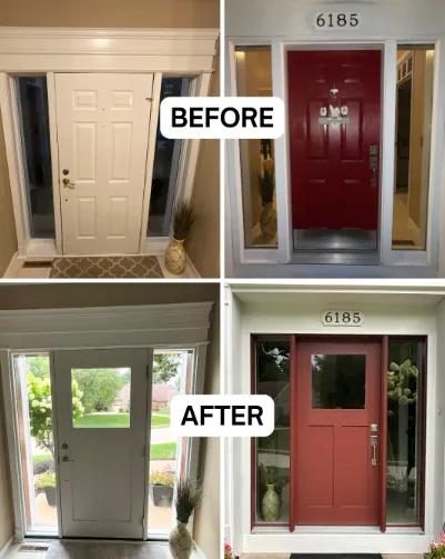 Before and after Renewal by Andersen entry door replacement. Plain single entry door replaced with a redrock Craftsman entry door with sidelights.