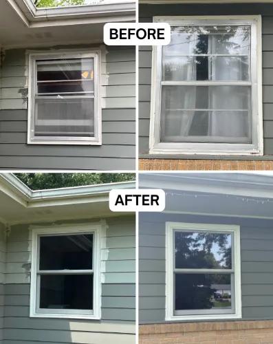 Before and after Renewal by Andersen window replacement overlooking a yard. Grille-paned window replaced with a fresh white double-hung window.