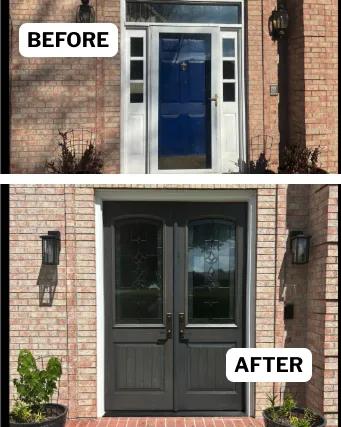 Before and after Renewal by Andersen entry door replacement on a brick entryway. Navy single door replaced with double French entry doors in an Urban Barnwood finish.