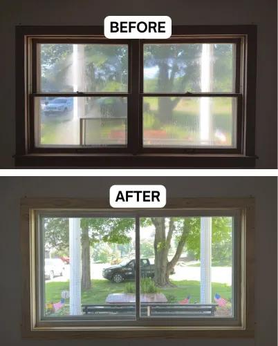 Before and after Renewal by Andersen window replacement. Pine-toned double-hung window replaced with a white gliding double window.