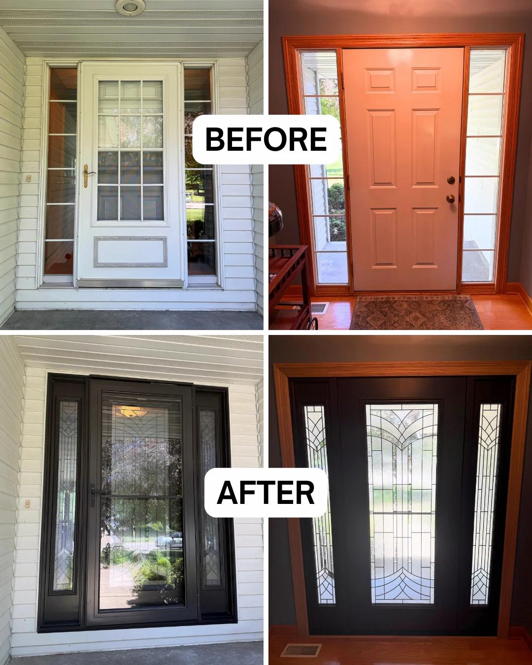 Before and after Renewal by Andersen entry door replacement. White door with storm door replaced with a black door featuring decorative leaded glass panels and sidelights.