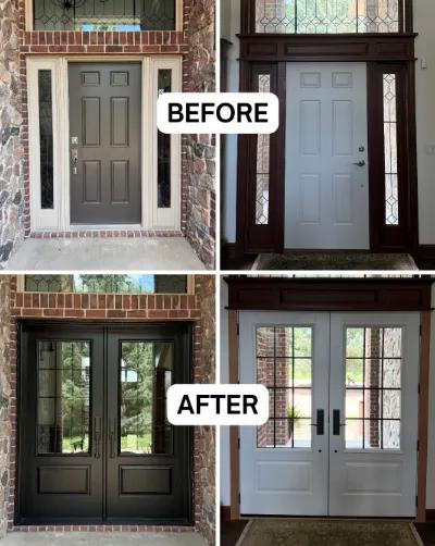 Before and after Renewal by Andersen entry door replacement. Single door with sidelights replaced with double coal black French entry doors featuring a Colonial grille pattern.