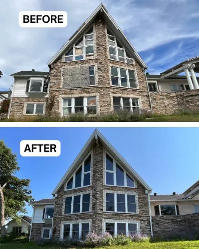 Before and after Renewal by Andersen window replacement on a gable window wall. Original windows replaced with white double-hung and specialty-shaped windows.