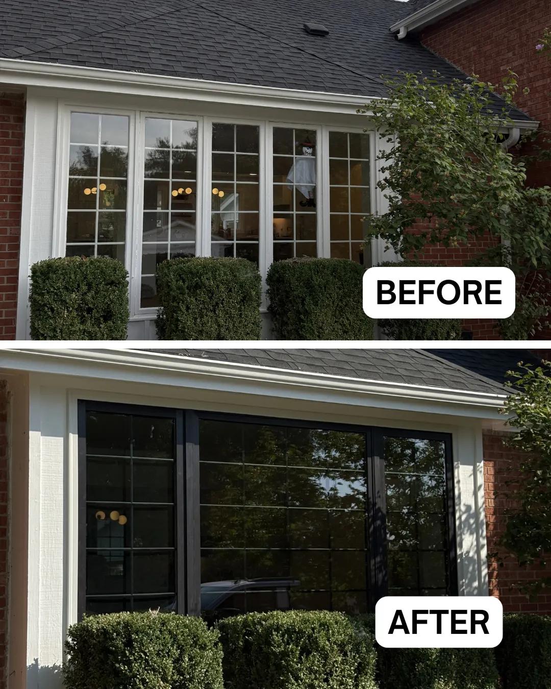 Before and after Renewal by Andersen window replacement on a brick home. White gridded windows replaced with black casement and picture windows.