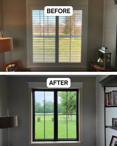 Before and after Renewal by Andersen window replacement. White double-hung window replaced with a black-framed casement window featuring a Colonial grille.