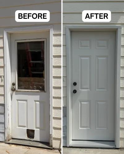 Before and after Renewal by Andersen entry door replacement on a side entrance. Damaged, mismatched door replaced with a clean white 6-panel entry door.
