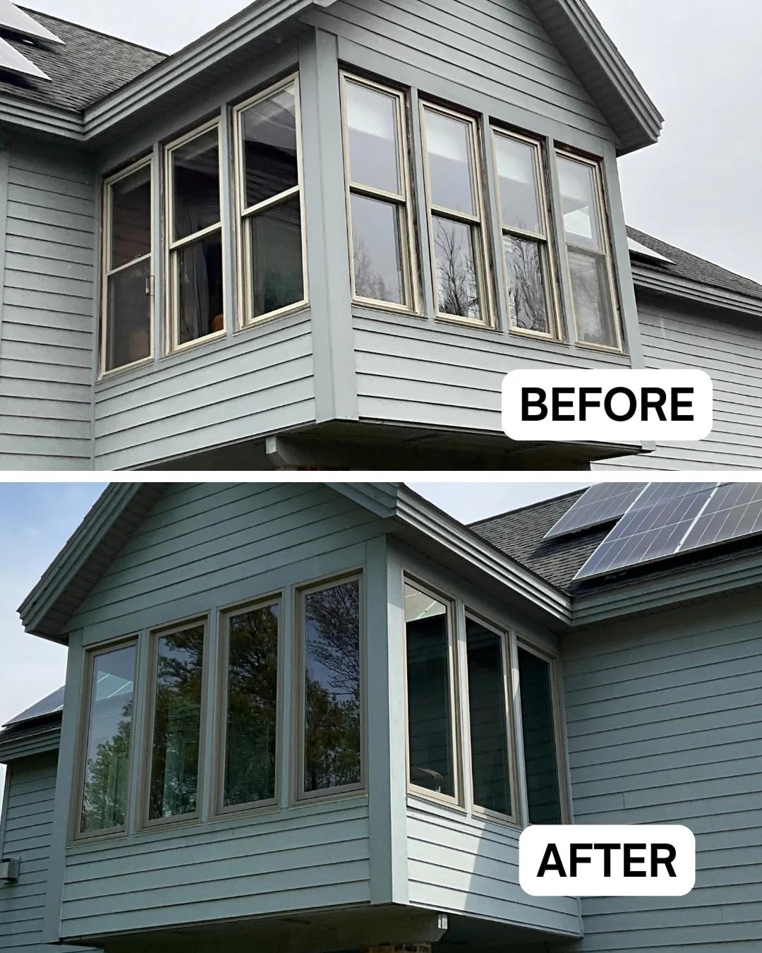 Before and after Renewal by Andersen bump-out window replacement. Worn beige framed windows replaced with matching gray framed casement windows.