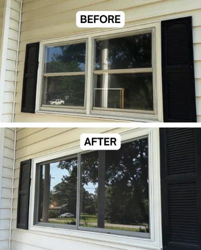 Before and after Renewal by Andersen window replacement beside black shutters. Double-hung window replaced with a white gliding double window.