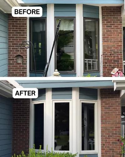Before and after Renewal by Andersen bay window replacement. Brown casement windows replaced with white casement windows flanking a fixed center pane.