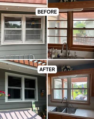 Before and after Renewal by Andersen window replacement. Grille-paned windows replaced with double-hung windows featuring a white exterior and pine interior.