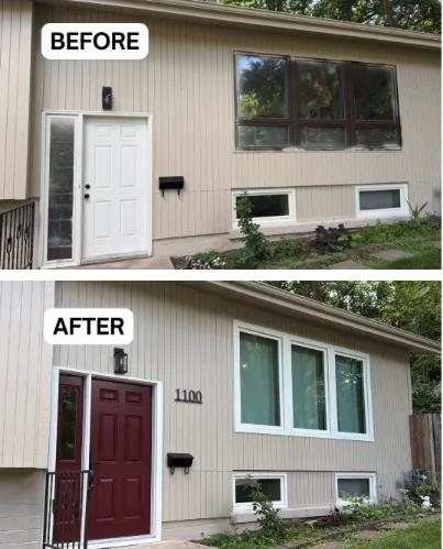 Before and after Renewal by Andersen window and door replacement. Updated with a cranberry entry door with a sidelight and white casement and awning windows.