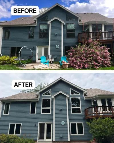 Before and after Renewal by Andersen window and patio door replacement. Brown windows and dated patio door replaced with white-framed windows and an updated patio door.