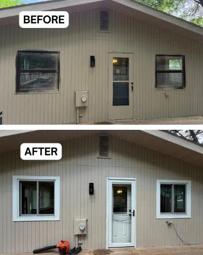 Before and after Renewal by Andersen window and door replacement on a patio entrance. Dark windows and door replaced with white gliding double windows and a white entry door with a storm door.