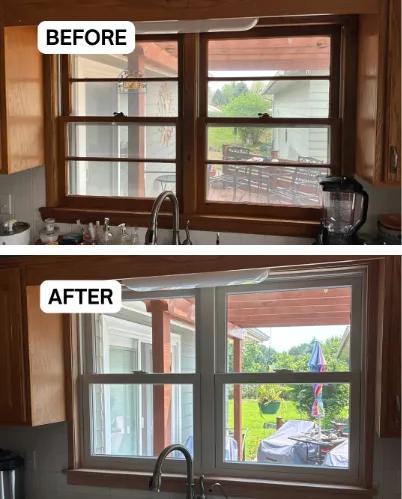 Before and after Renewal by Andersen window replacement above a kitchen sink. Pine-toned, grille-paned window replaced with a crisp white double-hung window.