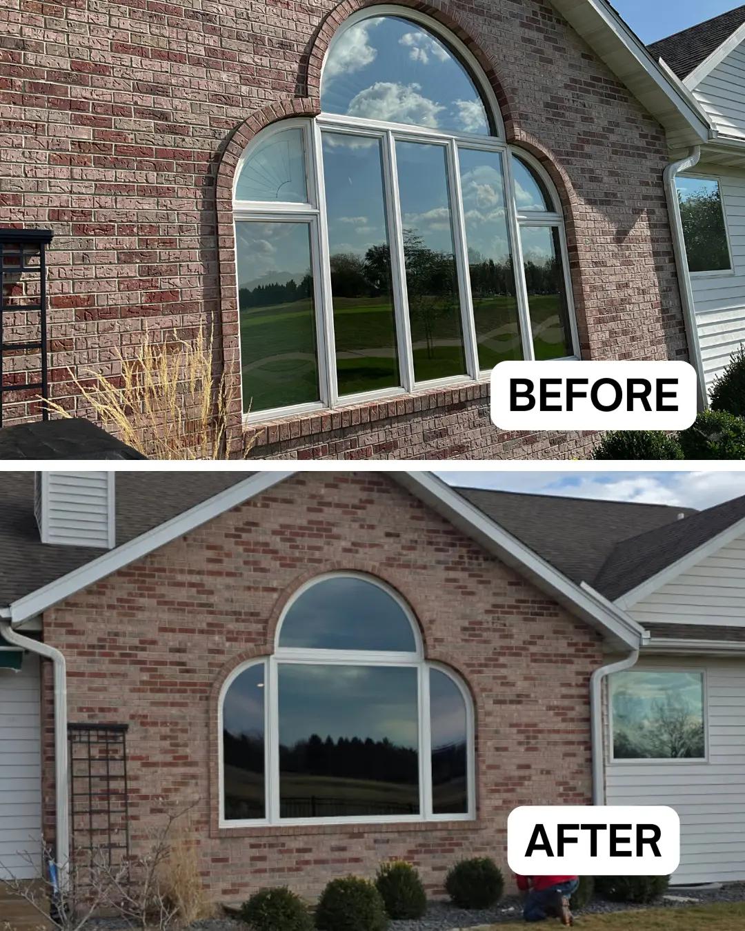 Before and after Renewal by Andersen arched window replacement on a brick home. White framed arched windows replaced with white picture windows and an arched transom.
