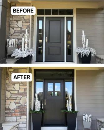 Before and after Renewal by Andersen entry door replacement. Previous entry system replaced with a dark bronze Craftsman entry door with sidelights and a transom.