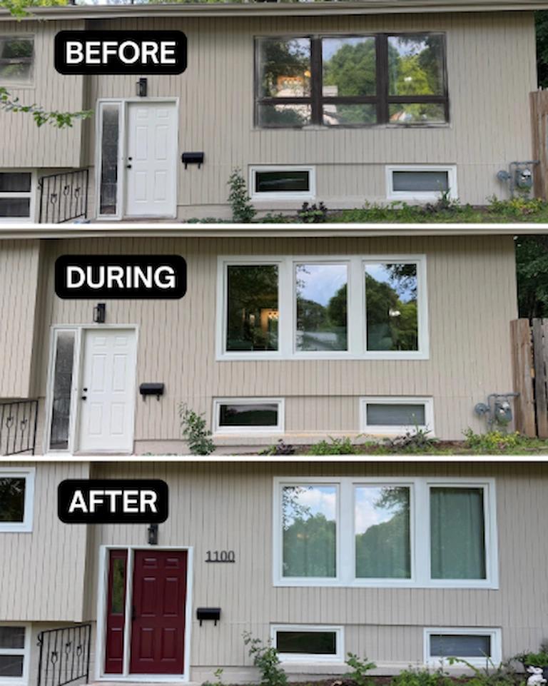 Before and after Renewal by Andersen window and door replacement. Updated with white casement and awning windows and a cranberry entry door with a sidelight.