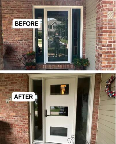 Before and after Renewal by Andersen entry door replacement. Traditional 6-panel door and storm door replaced with a white entry door with rectangular lights and sidelights.