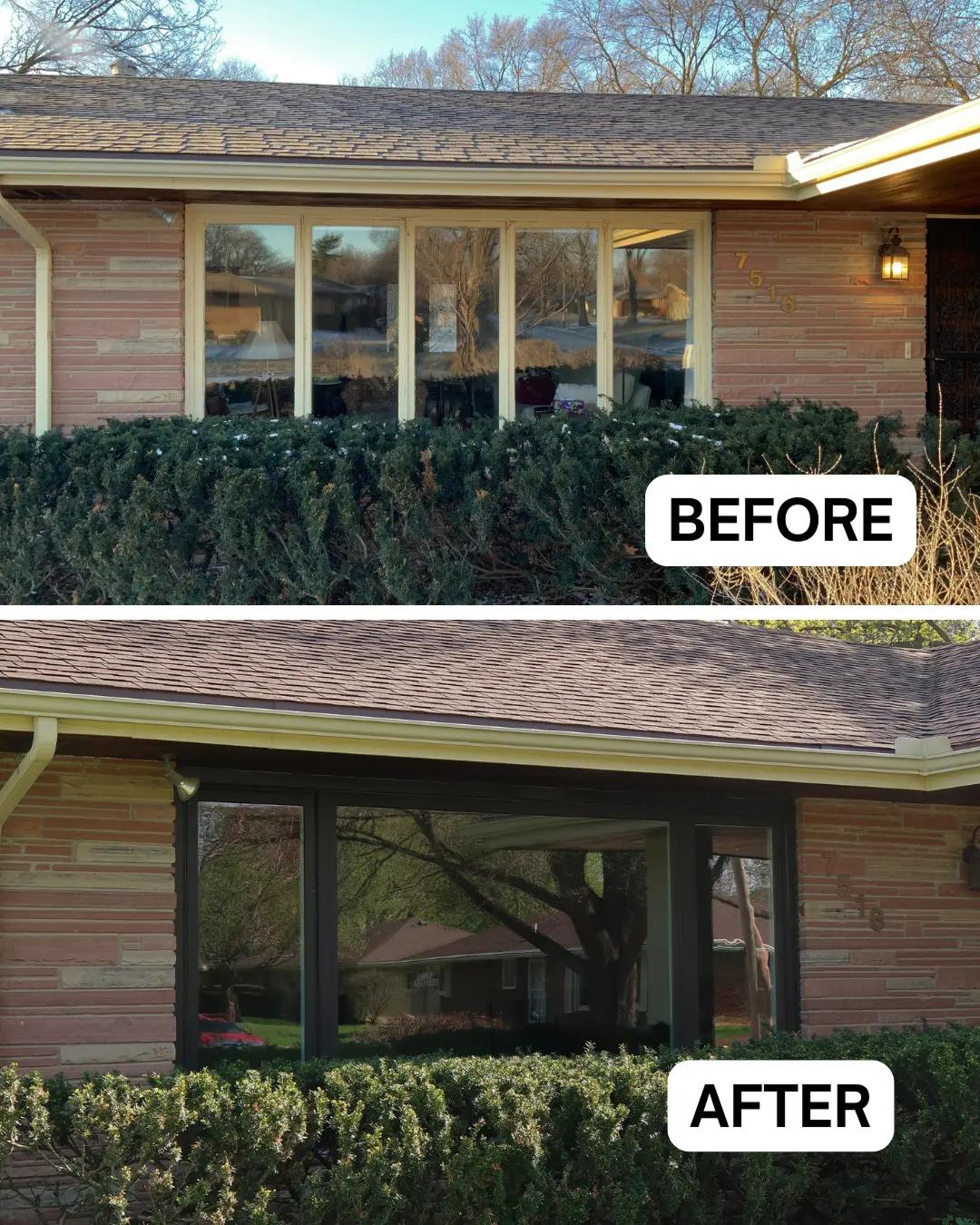 Before and after Renewal by Andersen window replacement on a brick home. White multi-pane windows replaced with dark bronze sliding picture windows.