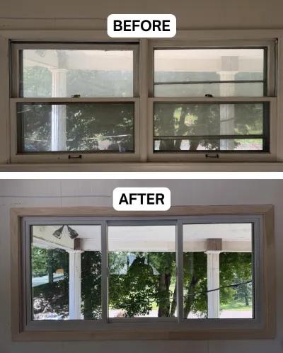 Before and after Renewal by Andersen window replacement. Double-hung windows replaced with a wide white gliding triple window.