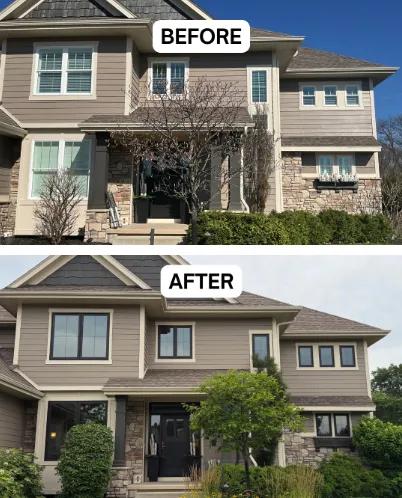Before and after Renewal by Andersen window replacement. White double-hung windows replaced with dark bronze casement windows featuring a Colonial grille pattern.