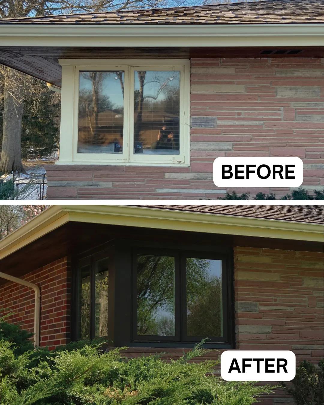 Before and after Renewal by Andersen window replacement on a brick home. White casement windows replaced with larger dark bronze picture and casement windows.