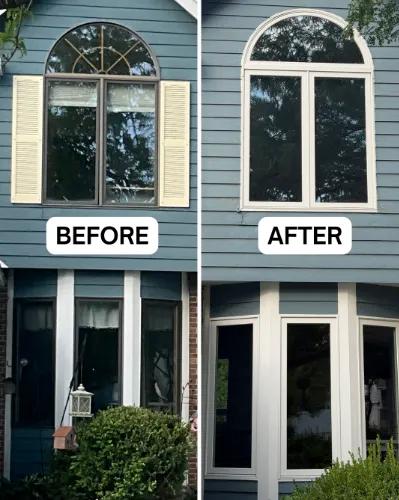 Before and after Renewal by Andersen window replacement. Shuttered arch window replaced with an arched casement window above, paired with white casement windows flanking a fixed center pane below.