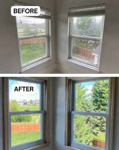 Before and after Renewal by Andersen window replacement in a corner room. Original windows replaced with fresh white double-hung windows.