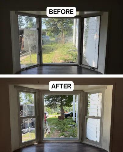 Before and after Renewal by Andersen bay window replacement. Casement side windows replaced with white double-hung windows.