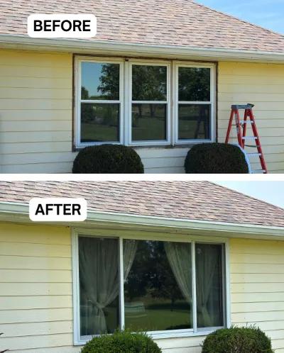 Before and after Renewal by Andersen window replacement on a yellow farmhouse. Double-hung windows replaced with a white gliding triple window.