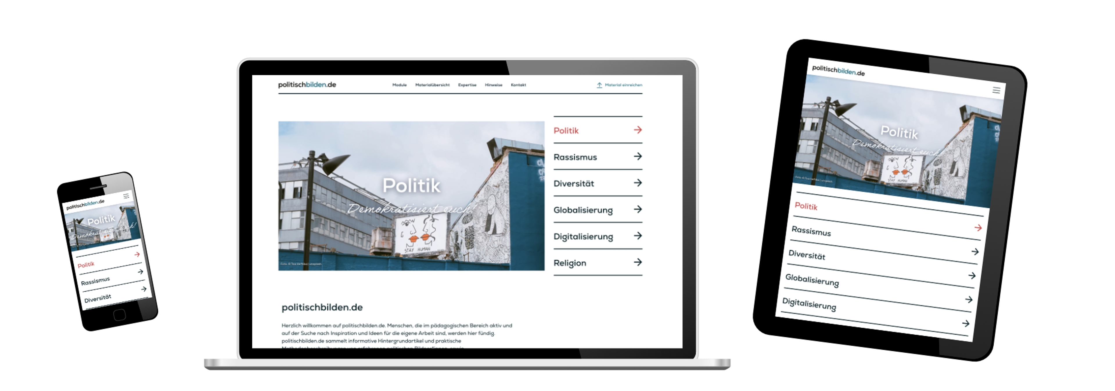 Preview of the website politischbilden.de on different devices.