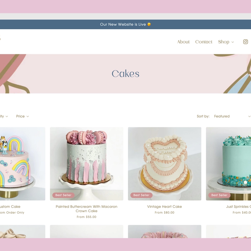 Screenshot of new website, cake collection page
